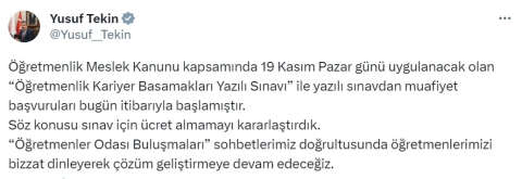 Bakan Tekin: Öğretmenlik Kariyer Basamakları Sınavı için ücret alınmayacak