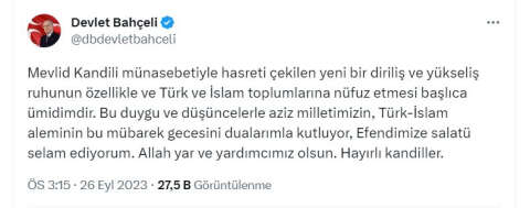 Bahçeli'den, 'Mevlit Kandili' mesajı
