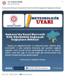 Ankara Valiliği'nden 'sağanak' uyarısı