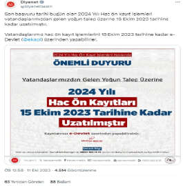 Hac ön kayıt işlemleri, 15 Ekim'e kadar uzatıldı