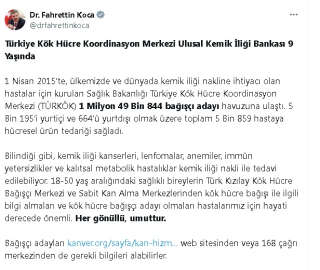 Bakan Koca: TÜRKÖK 1 milyon 49 bin 844 bağışçı adayı havuzuna ulaştı